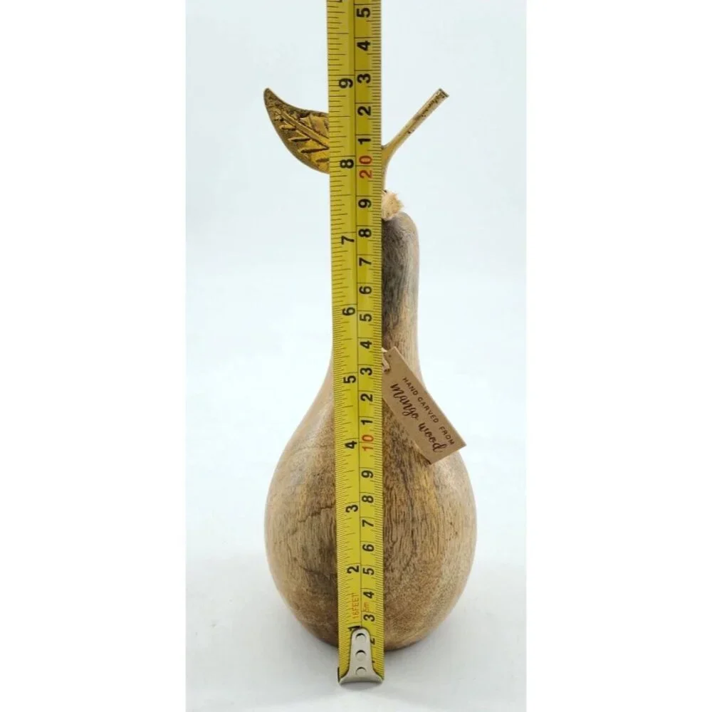 NEW Hand Carved Mango Wood‎ Decorative Pear With Metal Stem & Leaf MCM Design